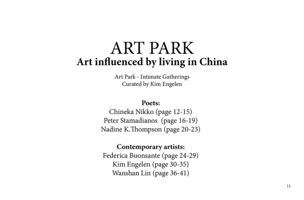 Kim Engelen, Art-Park—Intimate Gatherings, 3 Poets and 3 Contemporary artists on living in China, Title-page, 2019
