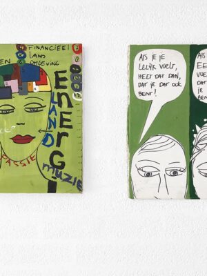 Kim Engelen, Overview-shot of: Als je je lelijk voelt (If you feel ugly) and Over 10 Jaar (In 10 years), Oil on Canvas + Permanent Marker, 1997
