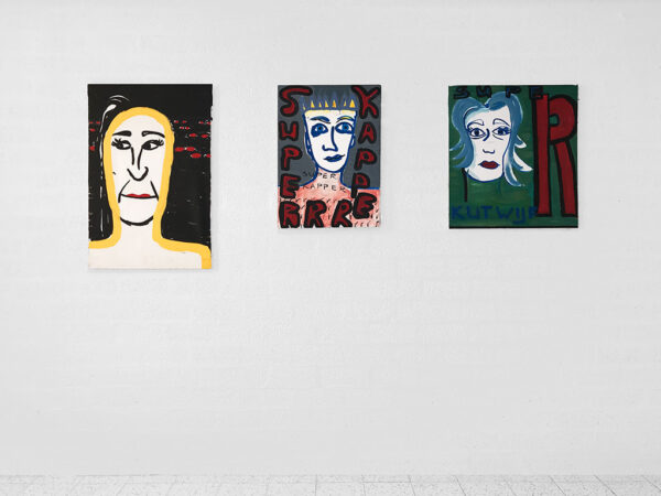 Kim Engelen, These People, Smart Bundle, Overview-shot, 3 Paintings: Party Lip, Acrylic, 1998. Superrr Kapper, Oil on Canvas, 1997, Super Kutwijf, Oil on Canvas, 1997
