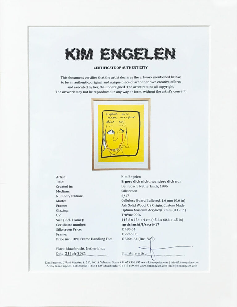 Kim Engelen, Ergere dicht nicht, wundere dich nur, Framed Silkscreen No.6, Edition 17, Certificate of Authenticity, 1996