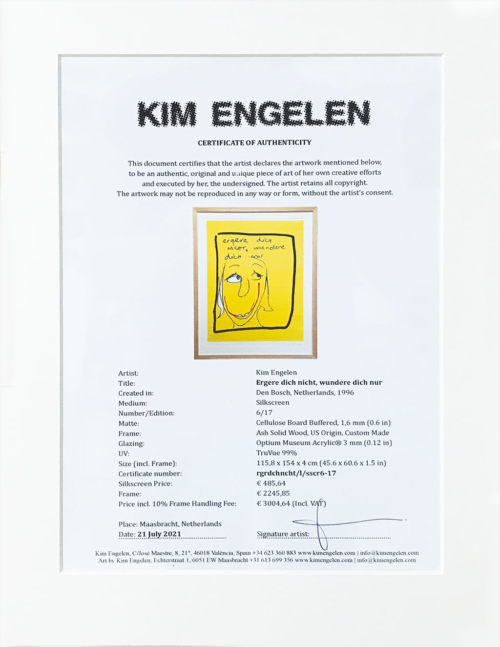Kim Engelen, Ergere dicht nicht, wundere dich nur, Framed Silkscreen No.6, Edition 17, Certificate of Authenticity, 1996
