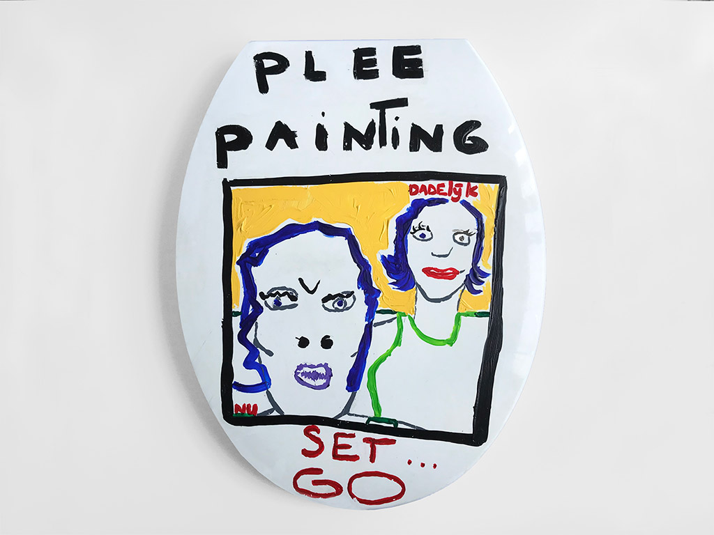 Kim Engelen Plee Painting (Privy Painting), Ready Set Go, Acrylics on Toilet Seat, 1998