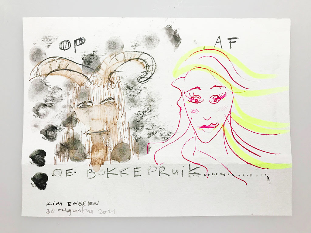 Kim Engelen, De Bokkepruik (The Bucks Wig) No.3, Drawing, Ecoline, Indian-ink, Charcoal, Yellow Marker, 2021