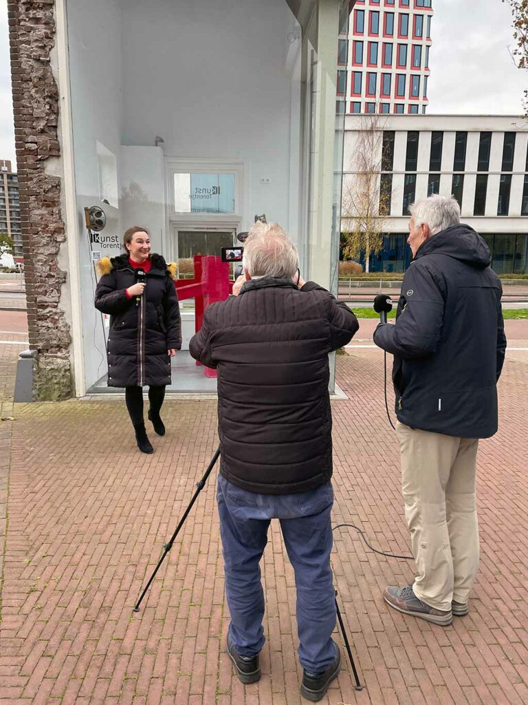 Kim Engelen interviewed by local tv-news aavisie, Bridge-Sculpture, Almelo, Netherlands, 6 November 2021