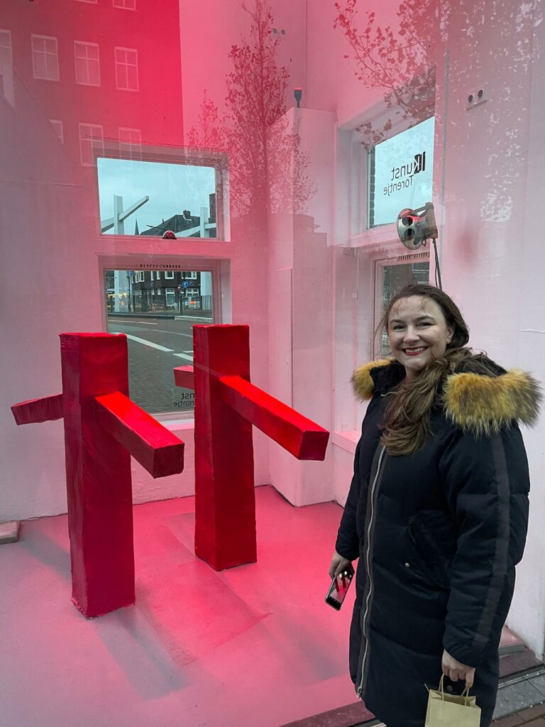 Kim Engelen posing with her Bridge-Sculpture om Almelo, Netherlands, on 6 November 2021